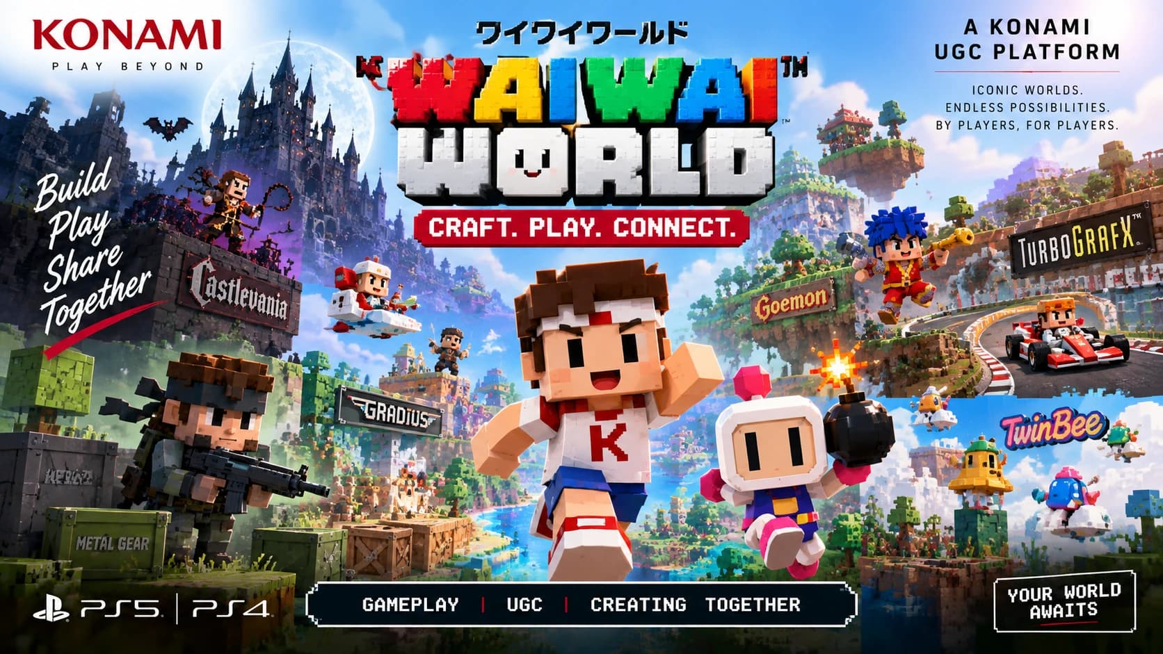 KONAMI Wai Wai World Craft Gameplay Debuts — Create, Play and Share Games Across a New UGC Platform